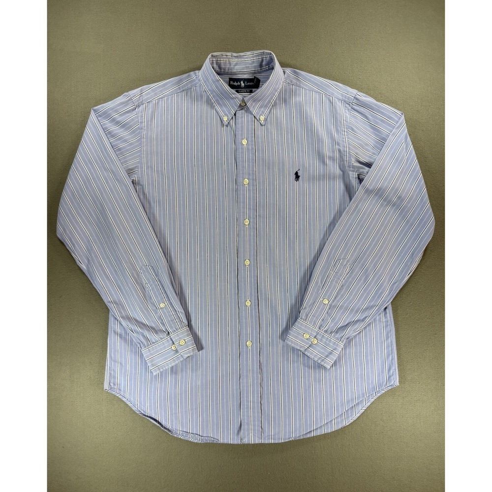 Vintage Mens Ralph Lauren Classic Fit Button Down Shirt Size L  Blue Striped LS